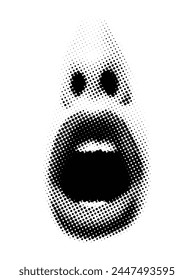 Vector illustration in a retro pop art comic style featuring a wide-open mouth in black and white with dotted halftone shading.