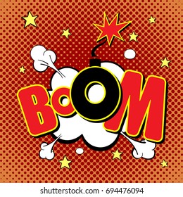 Vector illustration in a retro pop art style. BOOM text on a dot colored background