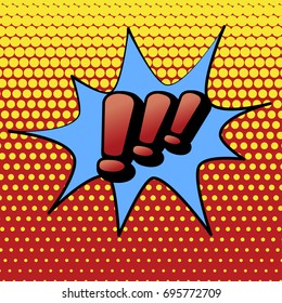 Vector illustration in a retro pop art style. Exclamination marks on a dot colored background.