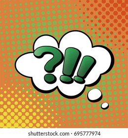 Vector illustration in a retro pop art style. Exclamination marks in a thought bubble on a dot colored background.
