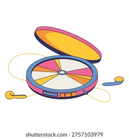 Vector illustration of retro portable CD player with headphones isolated on white. Vintage compact disc technology. Nostalgic 90s portable audio device.