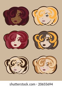 Vector illustration of retro Portraits Faces of young women with different colors