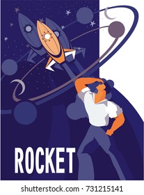 vector illustration retro poster concept man and space high technology science and education