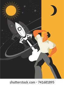 vector illustration retro poster concept man and space high technology science and education