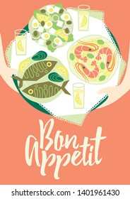 Vector illustration. Retro poster design for the restaurant. Balkan traditional diet. Greek food. Bon Appetit