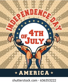 Vector illustration of a retro poster of Independence Day america two girls in tights and hats with national signs