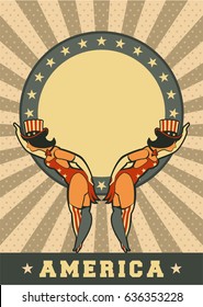 Vector illustration of a retro poster of Independence Day america two girls in tights and hats with national signs