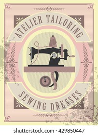 vector illustration retro poster sewing studio tailoring depicts 