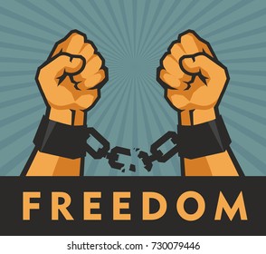 vector illustration retro poster two hands clenched into a fist tearing chains that they shackled the symbol of the revolution of freedom