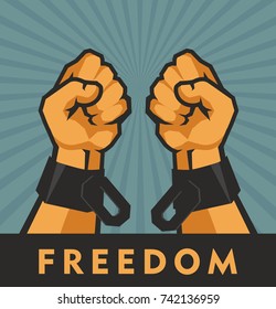 vector illustration retro poster two hands clenched into a fist tearing chains that they shackled the symbol of the revolution of freedom