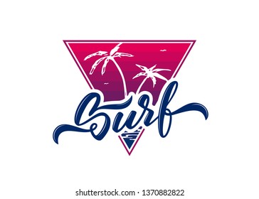 Vector illustration: Retro print with handwritten lettering of Surf and palm tree silhouette. T shirt design
