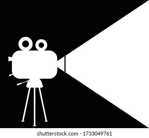 Vector illustration of retro projector with film reels on a tripod. Video camera projecting beam light. Vintage movie projector. Simple black and white banner poster with place for text.