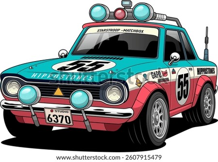 A vector illustration of a retro racing car named "Hippostones" with the number 55, adorned with decals, headlights, and license plate 6370, radiating classic speed and style charm.