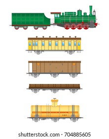 Vector illustration of retro railway locomotive, passenger and freight carriages isolated on white background. Flat style. Good for advertisement, banners, posters and cards.
