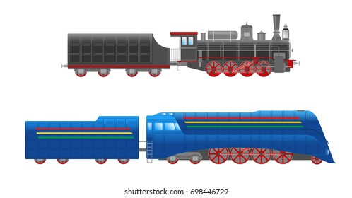 Vector illustration of retro railway locomotives isolated on white background. Flat style. Good for advertisement, banners, posters and cards.