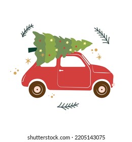 Vector illustration of a retro red car with christmas tree on the top