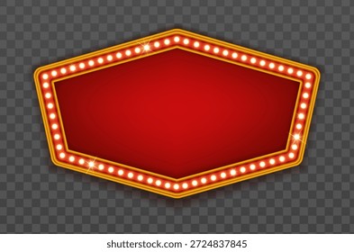 Ilustración vectorial. Cartelera roja retro del circo o del marco del casino con las bombillas amarillas en fondo transparente.
