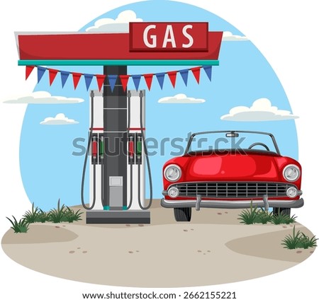 Vector illustration of a retro red convertible parked beside an old-fashioned gas pump, with bright colors and clean, cartoon-style lines