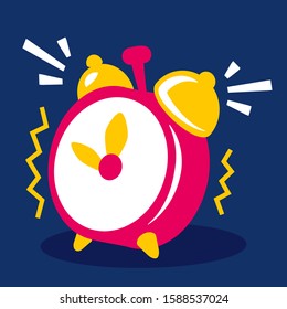 Vector illustration of retro red ringing alarm clock on dark background. Flat style design of vintage alarm clock for web, site, banner, greeting card, sticker