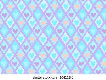 Vector illustration of retro rhombs with blue hearts pattern on the violet background