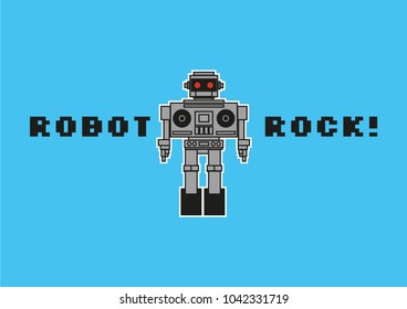 Vector illustration of retro robot boombox character on blue background