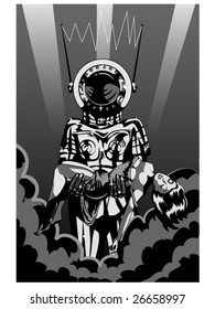 vector illustration of a retro robot carrying a helpless woman... gray scale (RGB) version