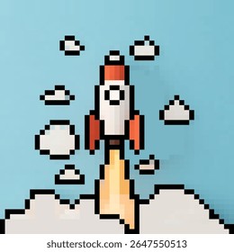 Vector illustration of a retro rocket launching into a blue sky with clouds and pixelated graphics
