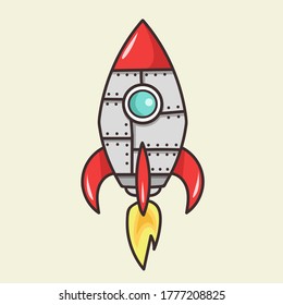 Vector Illustration of a Retro Rocket Takes Off.For design, web, graphics, postcard.Linear metal Space Ship.The blue Porthole in cartoon style.the Launch of the colorful Space Shuttle.Cosmic Start.