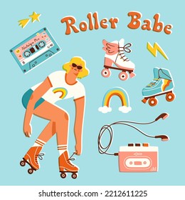 Vector Illustration Of Retro Roller Skater, Cassette Tape, Quad Skates And Portable Music Player. 80s Or 90s Style Active Hobby Concept. Hand Drawn Elements In Colorful Flat Style.