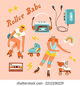 Vector illustration of retro roller skaters, roller skates, cassette tape and portable music players. Two girls and nostalgia objects. 80s or 90s style active hobby concept. 
