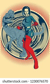 A vector illustration of a retro  sci-fi scene with dinosaurs done in a classic 1950 comic book style, perfect for band fliers, posters, science fiction movie nights, raves, or other events. 5 colors 