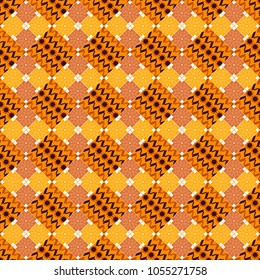 Vector illustration. Retro seamless wallpaper pattern. Vintage yellow, orange and brown backgrounds with geometric and simple floral elements.