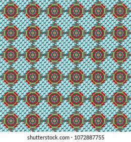 Vector illustration. Retro seamless wallpaper pattern. Vintage green, blue and white backgrounds with geometric and simple floral elements.