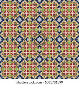 Vector illustration. Retro seamless wallpaper pattern. Vintage yellow, brown and green backgrounds with geometric and simple floral elements.