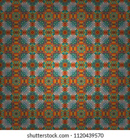 Vector illustration. Retro seamless wallpaper pattern. Vintage brown, orange and blue backgrounds with geometric and simple floral elements.