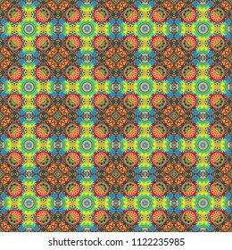 Vector illustration. Retro seamless wallpaper pattern. Vintage blue, yellow and green backgrounds with geometric and simple floral elements.