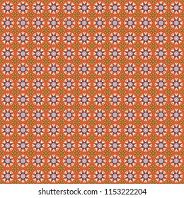 Vector illustration. Retro seamless wallpaper pattern. Vintage brown, orange and black backgrounds with geometric and simple floral elements.