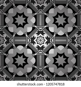 Vector illustration. Retro seamless wallpaper pattern. Vintage white, gray and black backgrounds with geometric and simple floral elements.