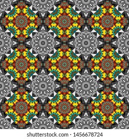 Vector illustration. Retro seamless wallpaper pattern. Vintage blue, brown and gray backgrounds with geometric and simple floral elements.