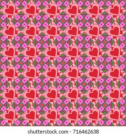 Vector illustration. Retro seamless wallpaper pattern. Vintage red, neutral and pink backgrounds with geometric and simple floral elements.