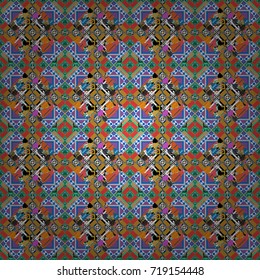 Vector illustration. Retro seamless wallpaper pattern. Vintage yellow, pink and blue backgrounds with geometric and simple floral elements.