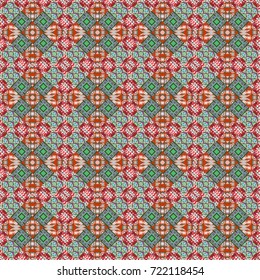 Vector illustration. Retro seamless wallpaper pattern. Vintage neutral, red and green backgrounds with geometric and simple floral elements.