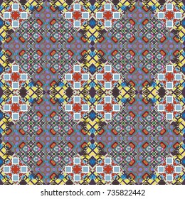 Vector illustration. Retro seamless wallpaper pattern. Vintage blue, violet and brown backgrounds with geometric and simple floral elements.