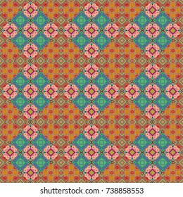 Vector illustration. Retro seamless wallpaper pattern. Vintage pink, orange and green backgrounds with geometric and simple floral elements.