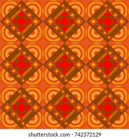 Vector illustration. Retro seamless wallpaper pattern. Vintage yellow, orange and brown backgrounds with geometric and simple floral elements.