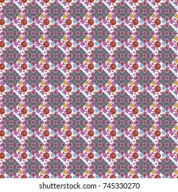 Vector illustration. Retro seamless wallpaper pattern. Vintage white, blue and pink backgrounds with geometric and simple floral elements.