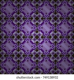 Vector illustration. Retro seamless wallpaper pattern. Vintage violet, black and purple backgrounds with geometric and simple floral elements.