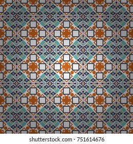 Vector illustration. Retro seamless wallpaper pattern. Vintage gray, white and blue backgrounds with geometric and simple floral elements.