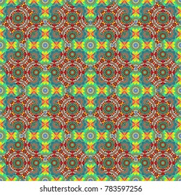 Vector illustration. Retro seamless wallpaper pattern. Vintage blue, green and pink backgrounds with geometric and simple floral elements.