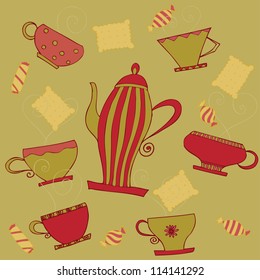 Vector illustration, retro set of cups, serving tea in the afternoon, card concept.